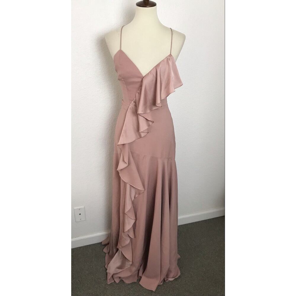 Fame and Partners Asymmetrical Maxi Dress Gown Callais Ruffle Lace Up Back